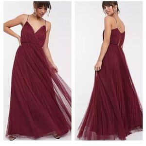 NWT ASOS cami pleated tulle maxi dress in oxblood burgundy